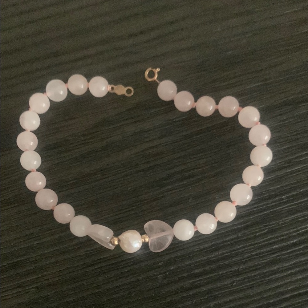 14kt rose quartz real Pearl vintage Elegant Pink Beaded 7”Bracelet valentine